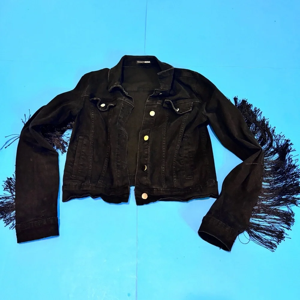 Fashion Nova Coastal Cowgirl Whimsigoth Black Fringe Jean Jacket